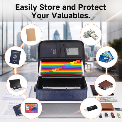 Fireproof Document Box With Lock, 16 Pocket Document Organizer