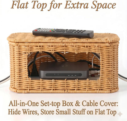 Rattan Cable Management Box, Cord Organizer to Hide Cords & Power Strip