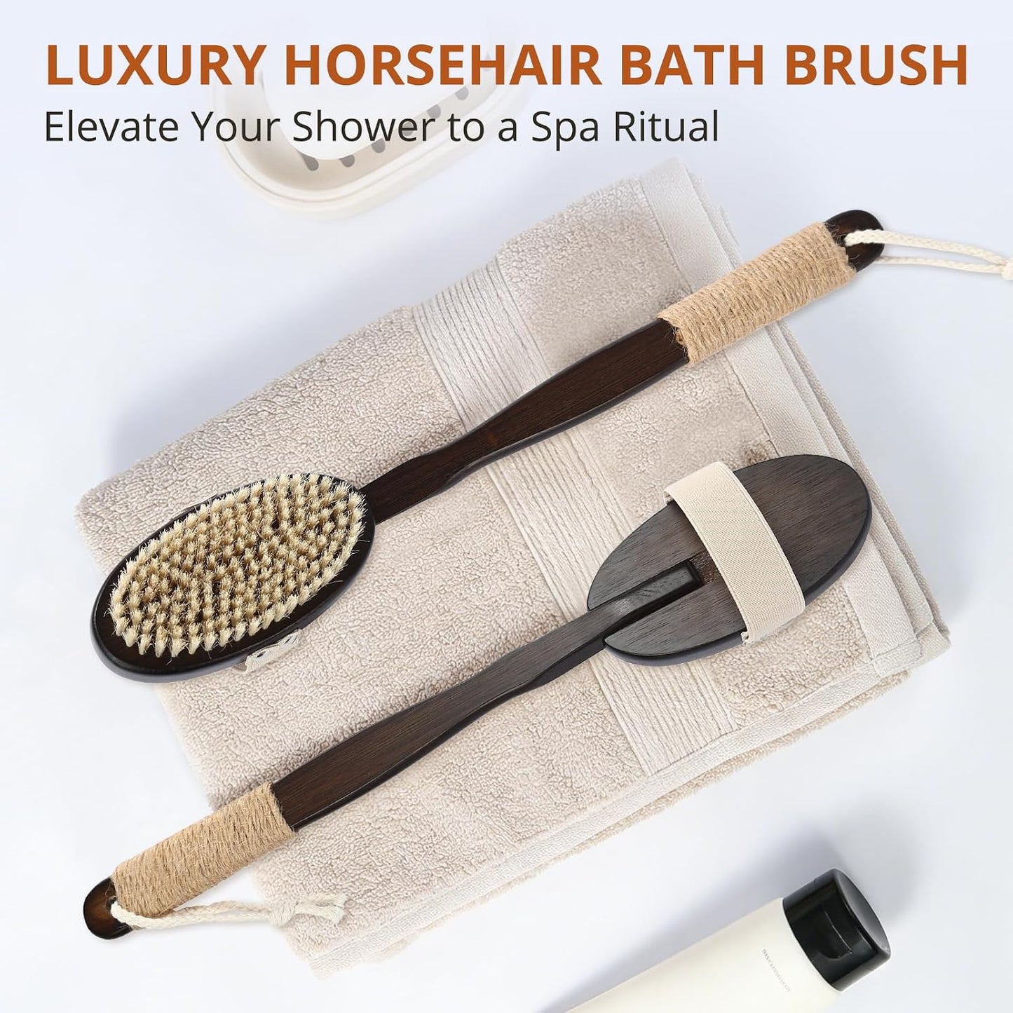 Back Scrubber for Shower, 15.7" Loofah with Handle, Back Shower Brush with Bristles and Loofah, Dry Brushing Body Brush for Cleanse Back and Hard to Reach Areas with Curved Long Handle