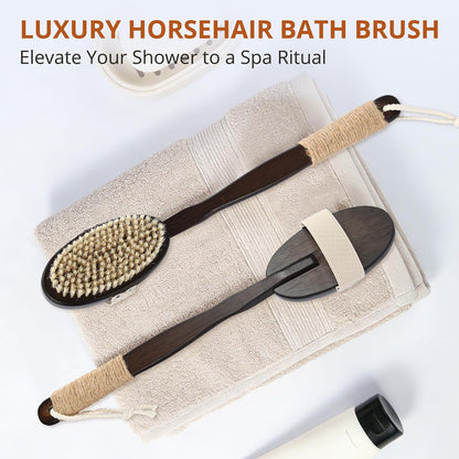Back Scrubber for Shower, 15.7" Loofah with Handle, Back Shower Brush with Bristles and Loofah, Dry Brushing Body Brush for Cleanse Back and Hard to Reach Areas with Curved Long Handle