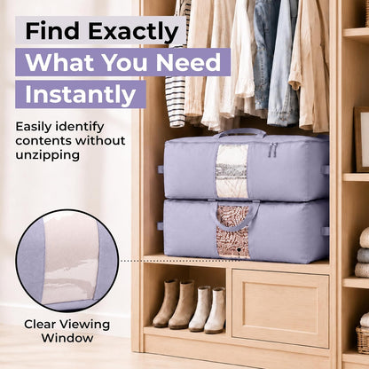 Soft Canvas Storage Bags with Zipper. Thick Breathable, 2pc King/Queen Comforter Organizer. Four Carrying Handles and Window. Large 25x19x9in Bag for Sheets Blankets Bedding Pillows, Clothes