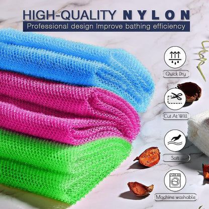 UJFQBH 3 Pieces African Bath Sponge African Net Long Net Bath Sponge Exfoliating Shower Body Scrubber Back Scrubber Skin Smoother,Great for Daily Use (Pink,Yellow,Purple)