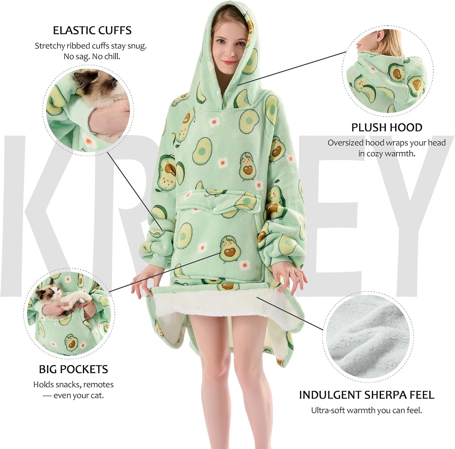 Krifey Wearable Blanket Hoodie, Oversized Sherpa Hooded Blanket for Adults | Soft sherpa fleece with sleeves and pocket; oversized fit for lounging, WFH, camping, Christmas and white elephant gifts.