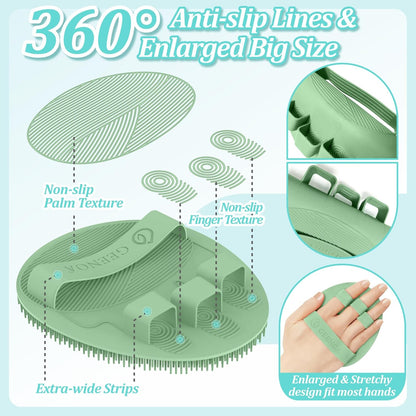 Silicone Back Scrubber & Bath Glove Set 2PCS, 13.4'' Gentle Shower Back Scrubber with Dual-Side Head Non-Slip Handle, 360° Anti-Slip Hand-fit Bath Glove for Rich Foaming Deep Cleaning(Black)