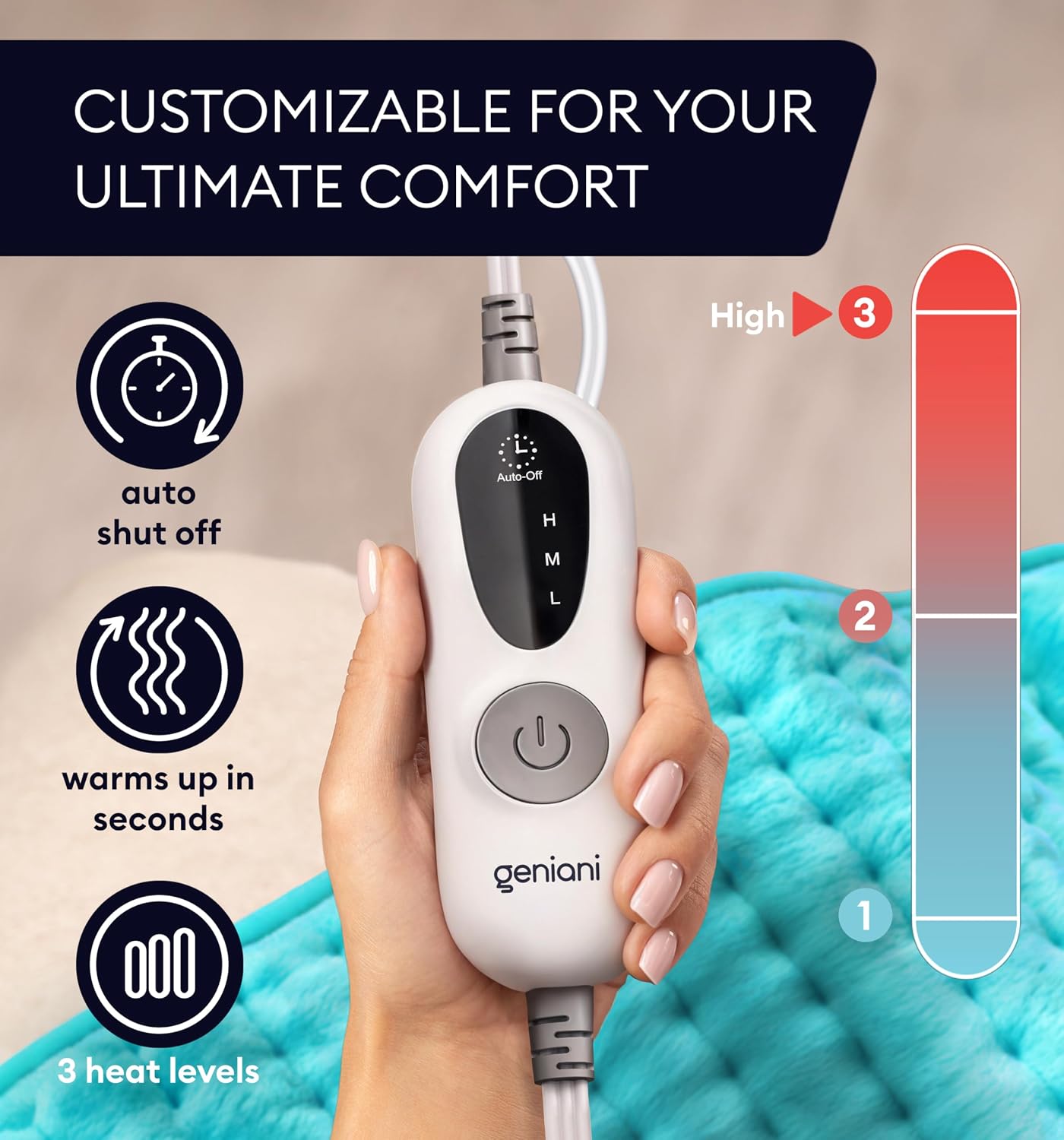 GENIANI Electric Heating Pad for Back Pain & Cramps Relief, Electric Throw, Self Care Gifts for Women, Heating Pad for Neck & Shoulder, Machine Washable Microplush, Auto Shut Off (12"x24", Tabby Gray)