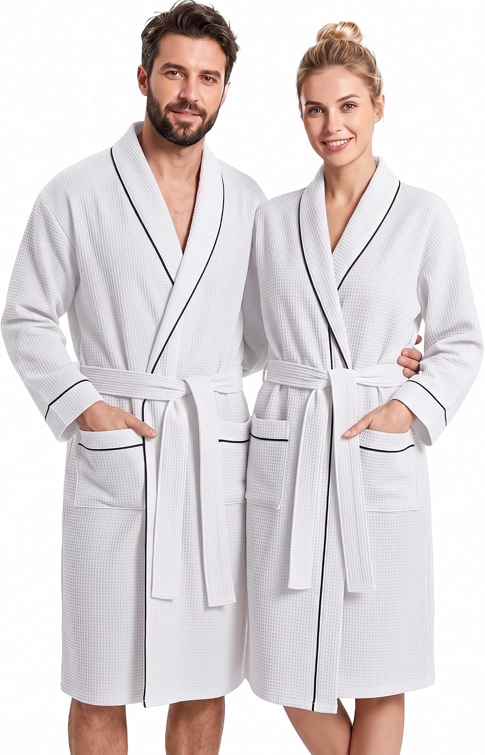 Cuffbow Cotton Robe for Women or Men Lightweight Waffle Knit Bathrobe Couple V Neck Spa Sleepwear(just 1 Set)