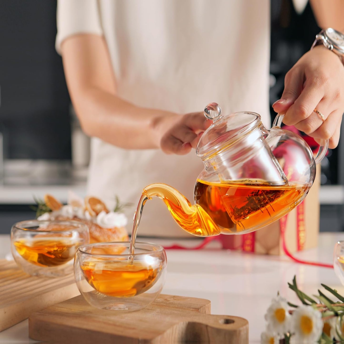 CNGLASS Glass Teapot Stovetop Safe,Clear Teapot with Removable Infuser 20.3 oz,Loose Leaf and Blooming Tea Maker