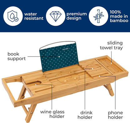 SereneLife Bath Caddy Breakfast Tray Combo - Natural Bamboo Wood Waterproof Tub and Bed with Folding Slide-Out Arms, Device Grooves, Wine Glass Soap Holder