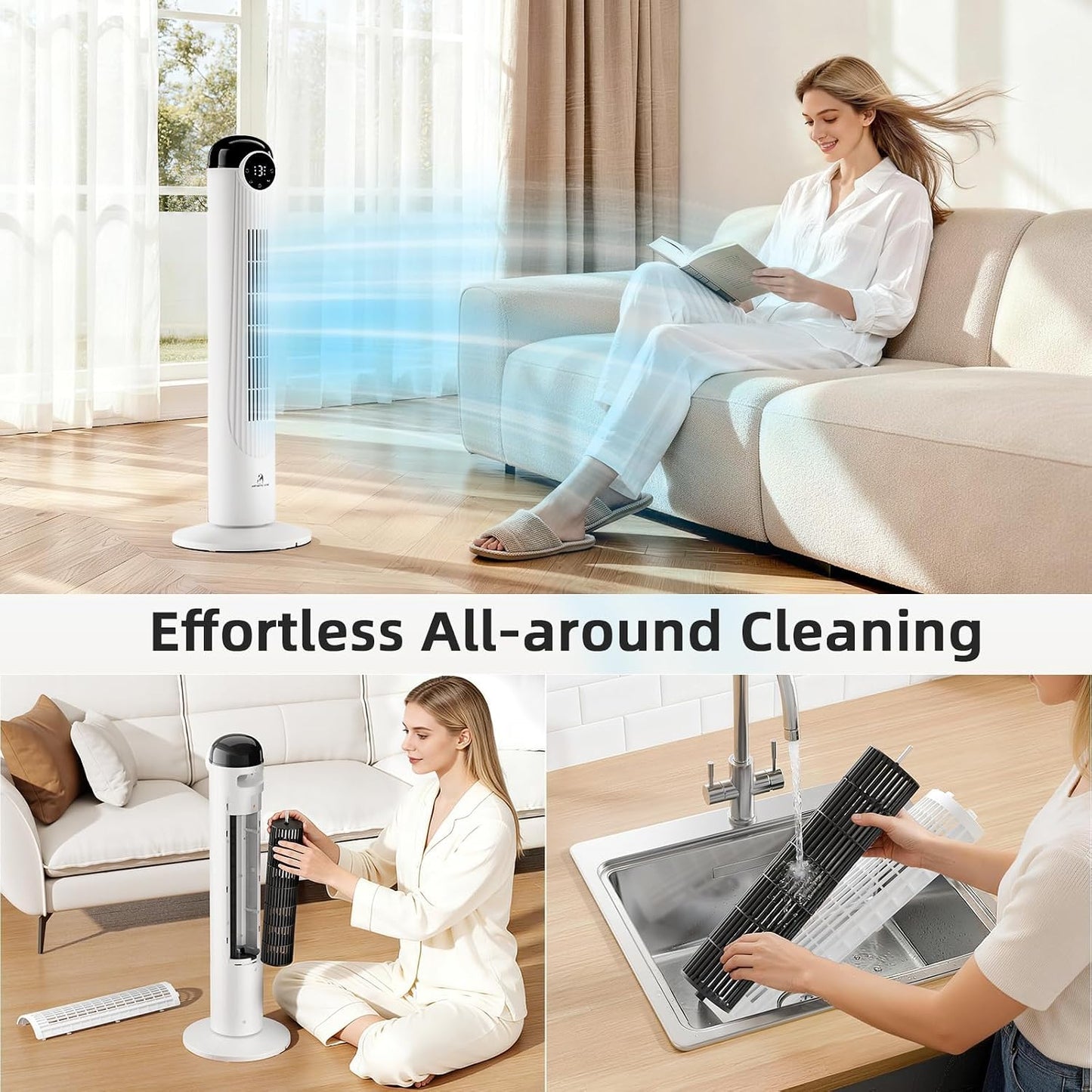 Antarctic Star T36 Tower Fan-36 Inch, Bladeless Oscillating Fan with Remote, 6 Speeds & 4 Modes, LED Display, 9H Timer, Quiet Floor Standing Fan for Bedroom Living Room Office, Pink