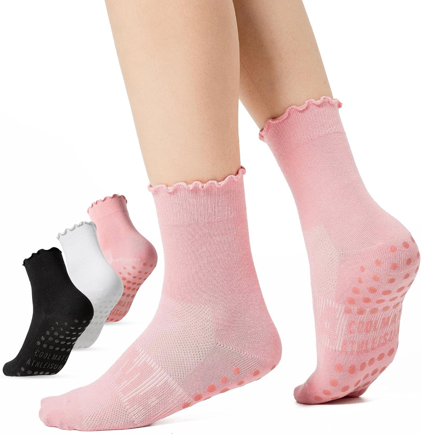 COOLMATE Pilates Socks with Grips for Women, Yoga Socks, Crew Non Slip Women for Barre, Pilates Gifts for Women - Colors A