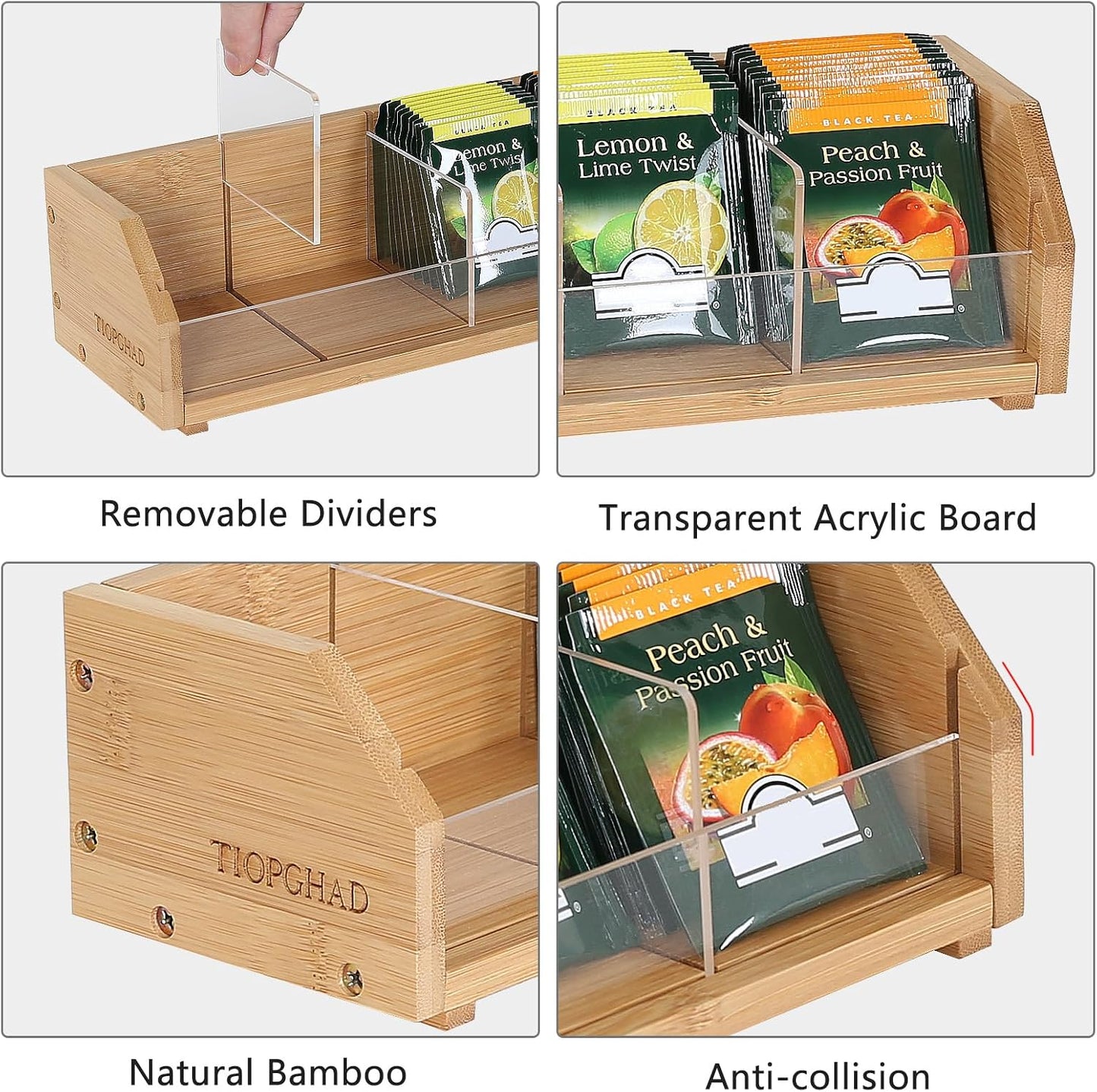 TIOPGHAD 2-Layer Stackable Bamboo Tea Bag Organizer Storage Holder & Rack - Wooden Tea Box Containers - Stand for Countertop or Cabinet