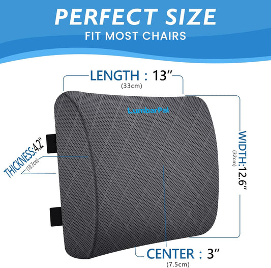 Lumbar Support Pillow for Office Chair, Back Support, Memory Foam, Grey