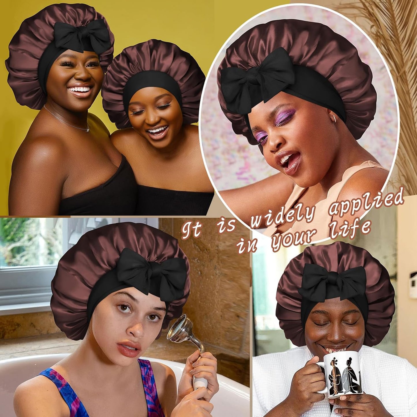 Satin Bonnet for Sleeping Cap Double Layer Hair Bonnet with Elastic Tie Band for Curly Hair Night Cap (Bean Paste + Pink)