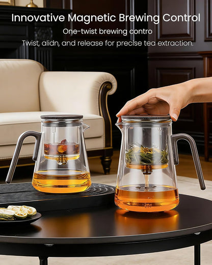 ZENS Magnetic Tea Pot, Enchanted Glass Teapot with Infuser and Magnetic Suction Lid for Mess-Free Loose Tea Diffusers, Walnut Wood Handle, Tea Lovers Gifts