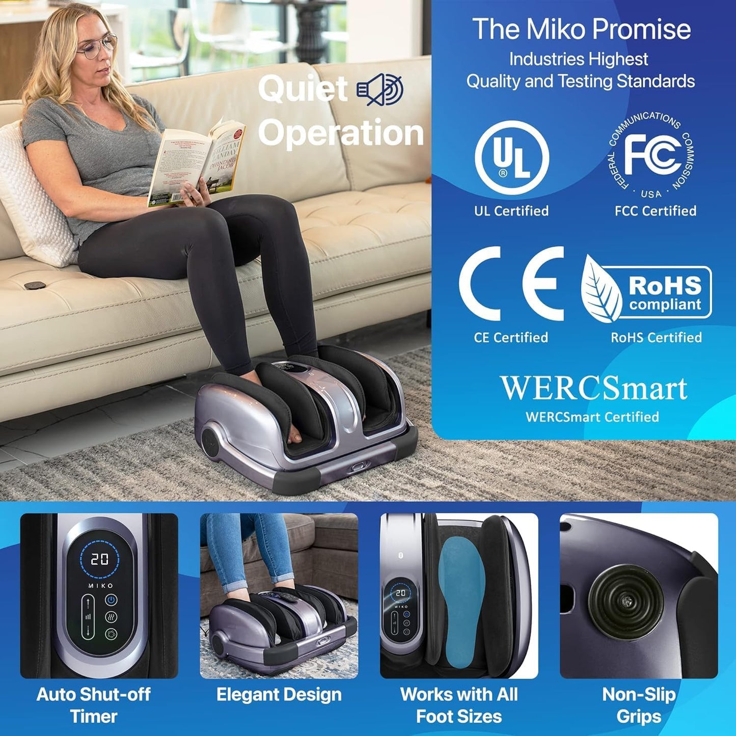 MIKO Shiatsu Foot Massager for Circulation & Pain Relief - Deep Tissue Kneading, Heat Therapy for Plantar Fasciitis, Neuropathy, Diabetics - Fits Up to Size 15