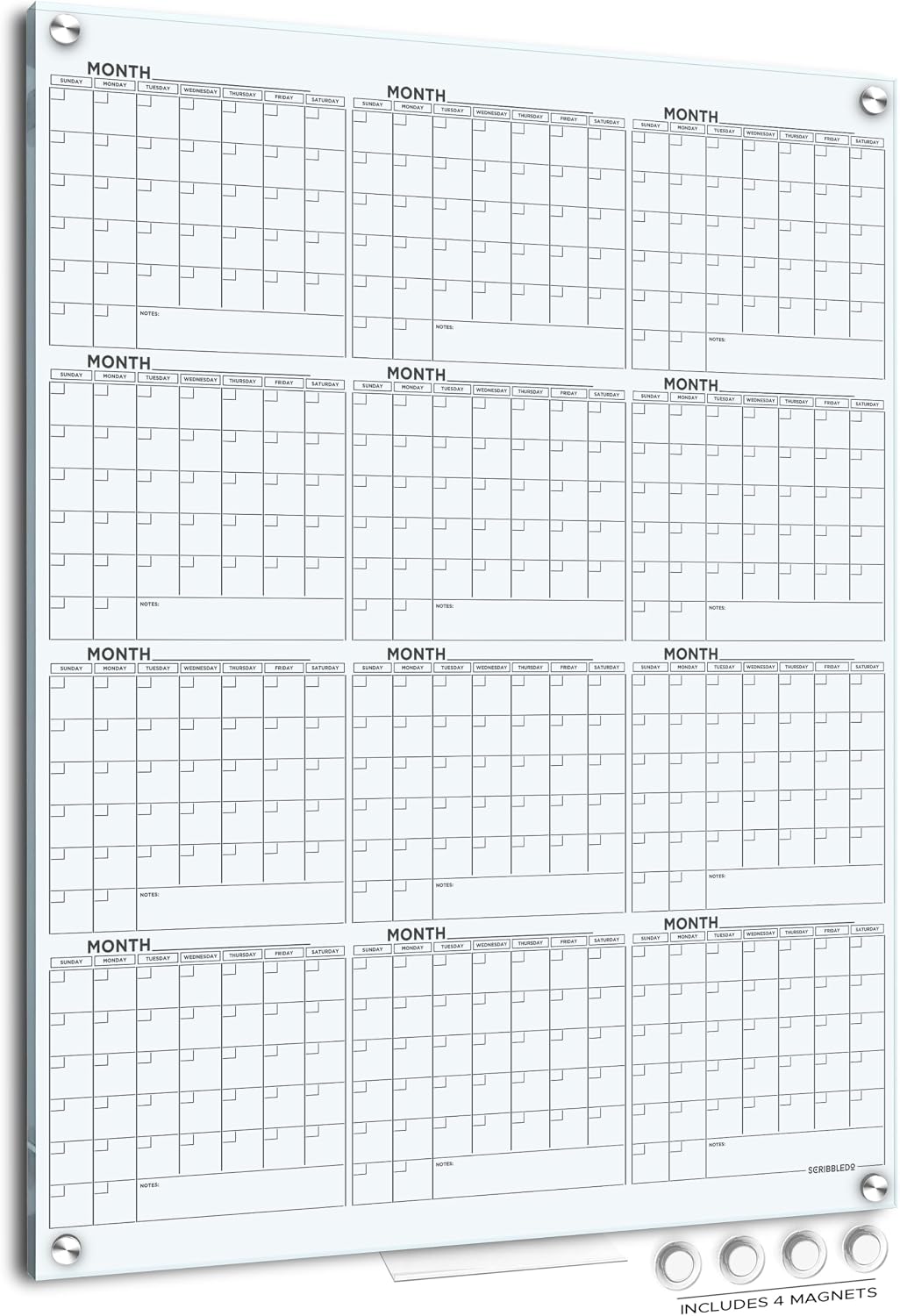 Magnetic 34”x46” Glass Whiteboard Calendar Yearly Dry Erase Planner for Wall Large Glass Whiteboard Calendars for Home and Office