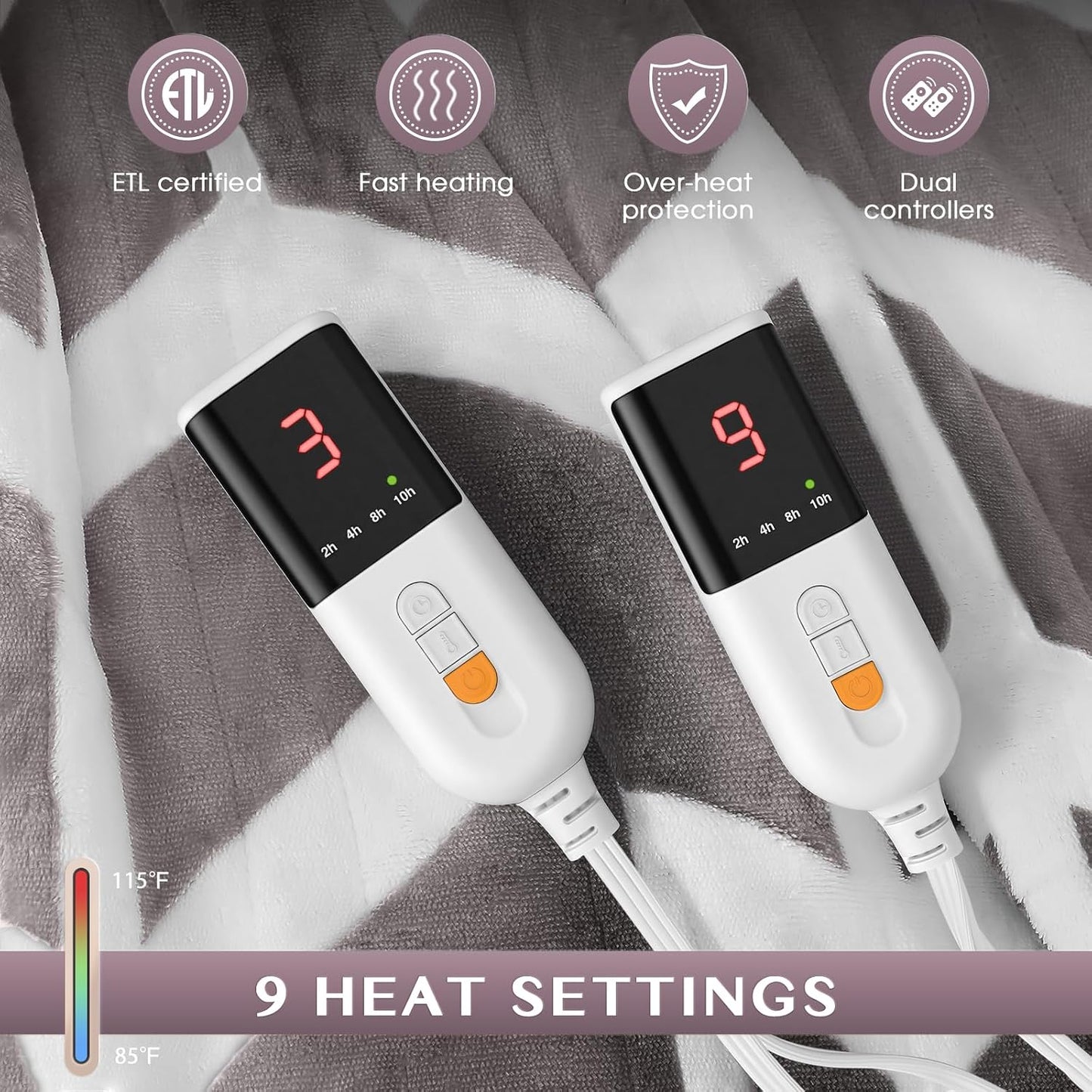 VENTIMI Electric Blanket Heated Throw, 50" x 60" Heated Blanket with 5 Heat Levels & 3 Hours Auto Off, Fast Heating Blankets with ETL & FCC Certification, Grey