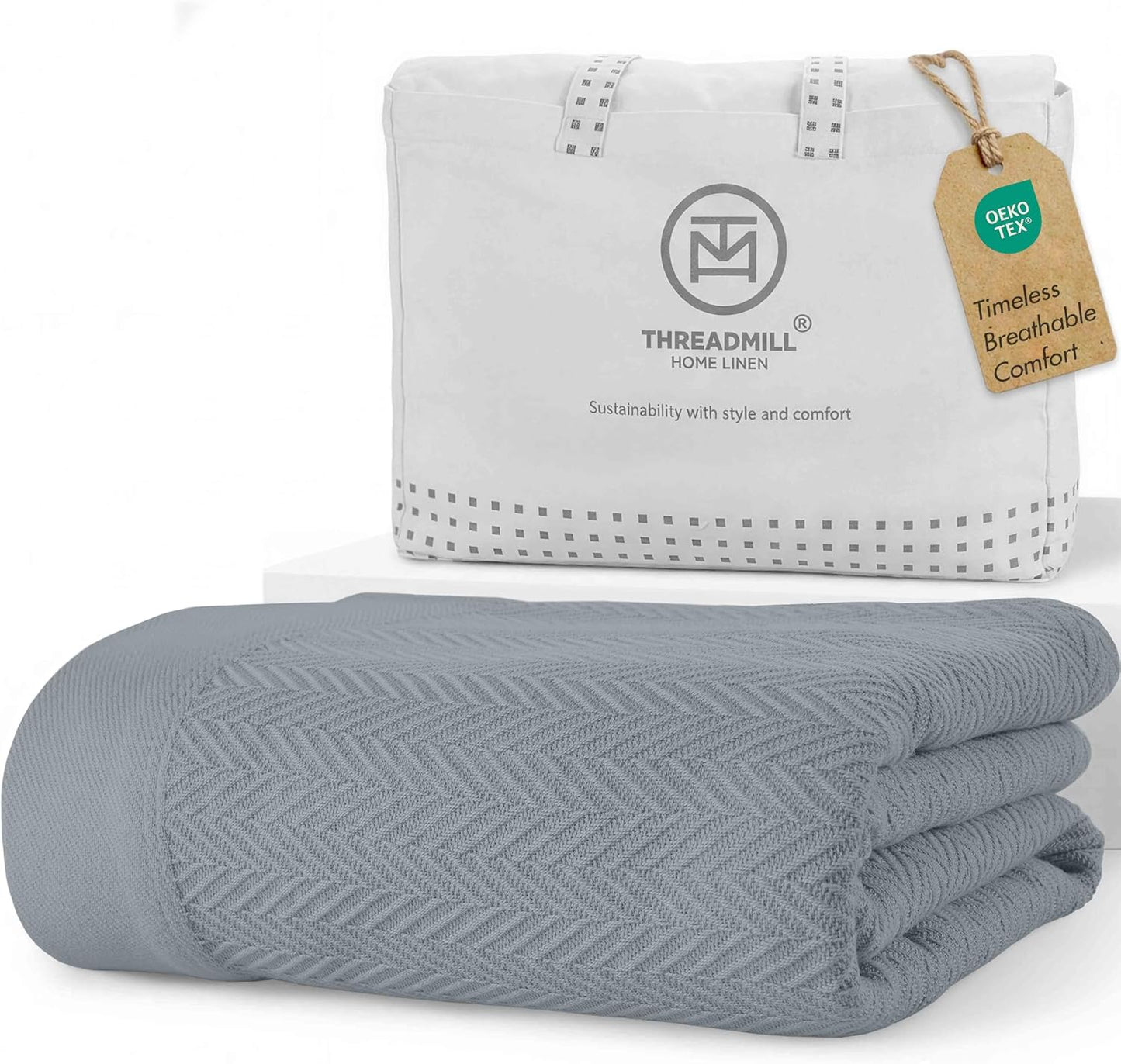 Threadmill Travel Blanket Cotton Viscose from Bamboo - Airplane Premium Soft Flight Grey Throw Blanket in Cloth Bag (Grey Color) Compact & Portable Blanket for Travel, Car, Picnic & Camping