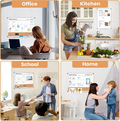 Weekly Dry Erase Calendar Whiteboard for Wall, 24" x 18" Cork Week Planner