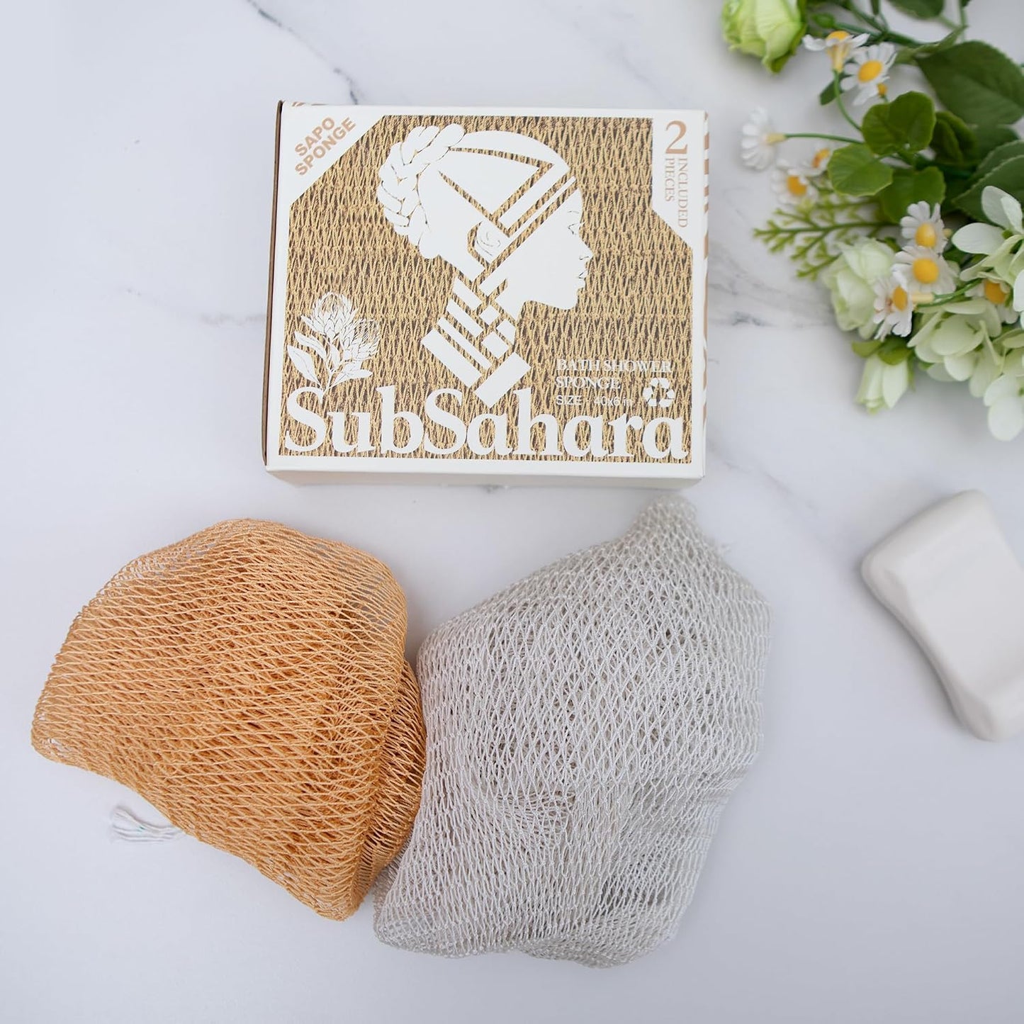 SubSahara Authentic African Net Sponge - 2 Pack Exfoliating Bath & Shower Loofah Sponge for Body & Face, Gentle Scrubber for All Skin Types, Travel, Durable Polyester (Olive Green & Light Green)