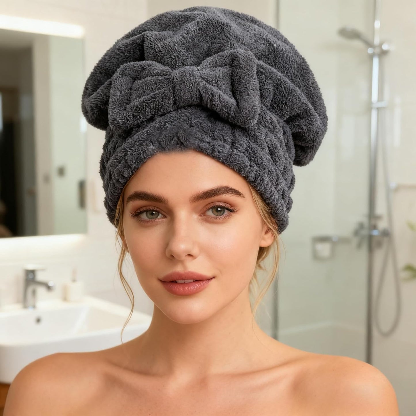 Microfiber Hair Drying Towels Head wrap with Bow-Knot Shower Cap Hair Turban hairWrap Bath Cap for Curly Long & Wet Hair Gift for Women Blackx2