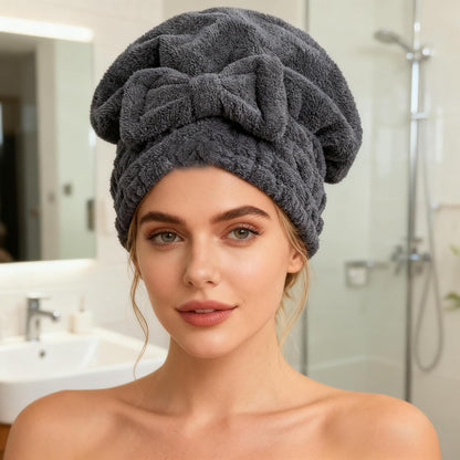 Microfiber Hair Drying Towels Head wrap with Bow-Knot Shower Cap Hair Turban hairWrap Bath Cap for Curly Long & Wet Hair Gift for Women Blackx2