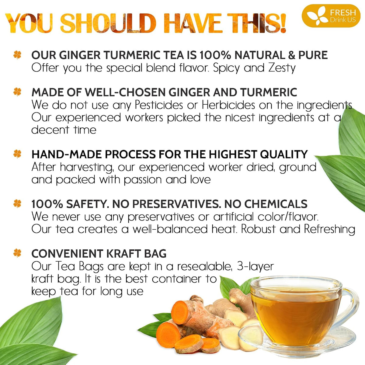 FRESHDRINKUS Premium 65 Turmeric Ginger Tea Bags, 100% Natural Ingredients, Hand-made Blend of and Ginger, Eco-conscious Bags. Herbal Tea. No Sugar, Caffeine, Gluten, Vegan.