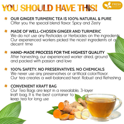 FRESHDRINKUS Premium 65 Turmeric Ginger Tea Bags, 100% Natural Ingredients, Hand-made Blend of and Ginger, Eco-conscious Bags. Herbal Tea. No Sugar, Caffeine, Gluten, Vegan.