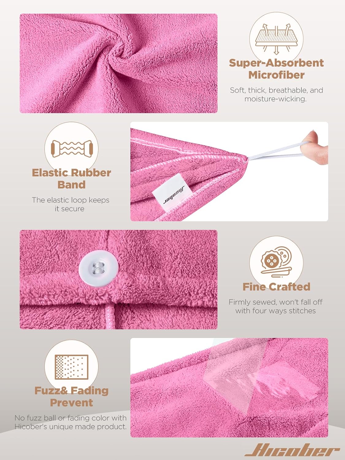 Hicober Microfiber Hair Towel Wrap, Fast Drying Hair Towels for Women, Soft Lightweight Quick Dry Turban for Curly & Long Hair–3 Pack(Blue/Grey/Pink)