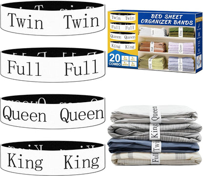 20 Pack Elastic Bed Sheet Organizer Bands with Size Labels，Elastic Bedding Band Labels for Organizing Bed Sheets with Assorted Sizes
