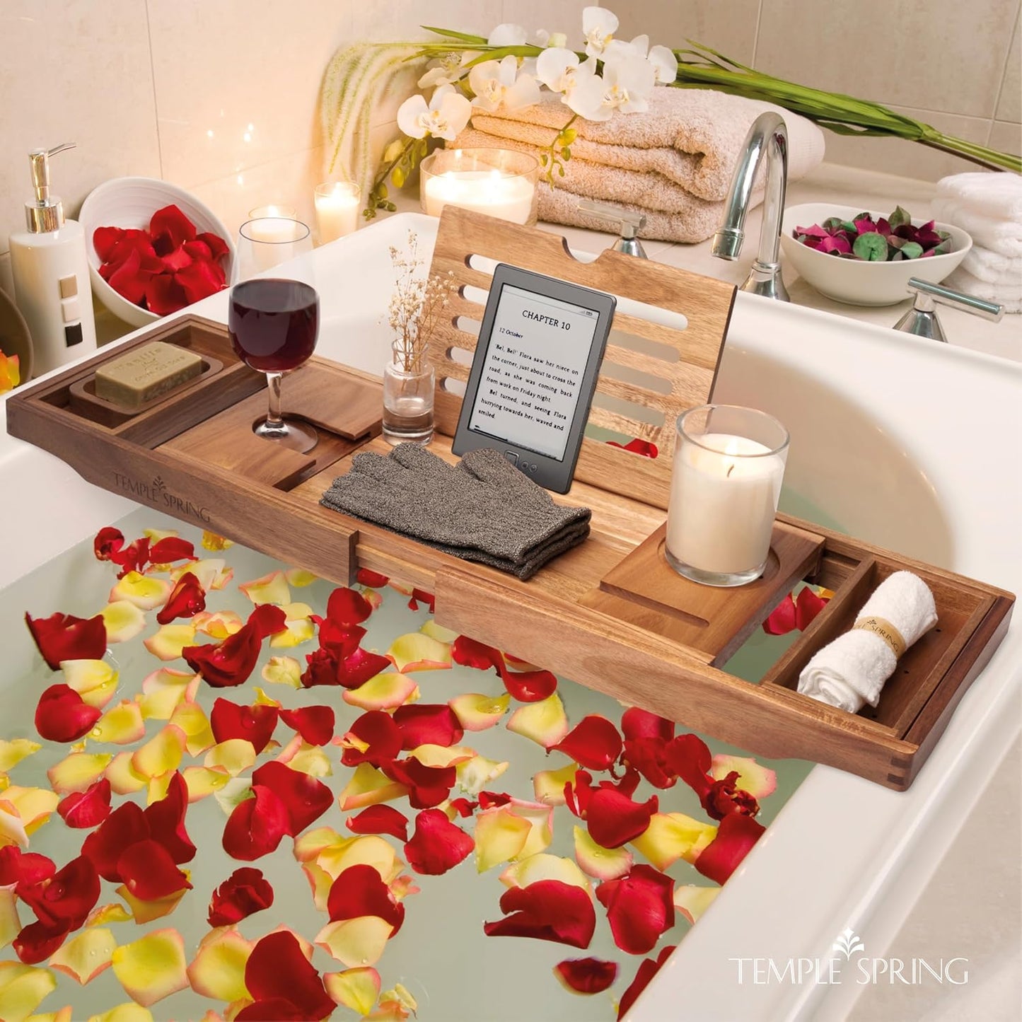 Temple Spring Bamboo Bathtub Tray Caddy for Tub — Expandable Wood Bath Tray with Solid Book Stand Wine Holder and Non-Slip Pads — Includes Bamboo Soap Dish and Spa Accessories — Luxury Bath Gift Set