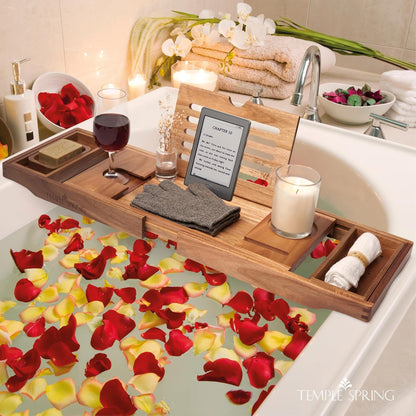Temple Spring Bamboo Bathtub Tray Caddy for Tub — Expandable Wood Bath Tray with Solid Book Stand Wine Holder and Non-Slip Pads — Includes Bamboo Soap Dish and Spa Accessories — Luxury Bath Gift Set