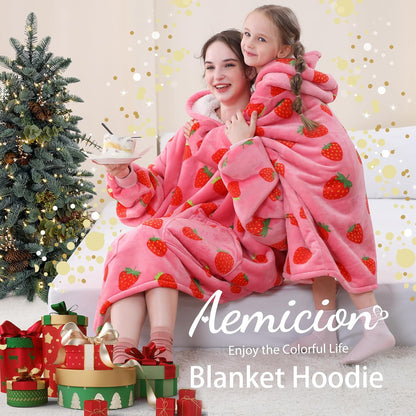 Aemicion Strawberry Blanket Hoodie,Oversized Sherpa Wearable Hooded Blanket,Warm Cozy Sweatshirt Gifts for Women Girls Adult