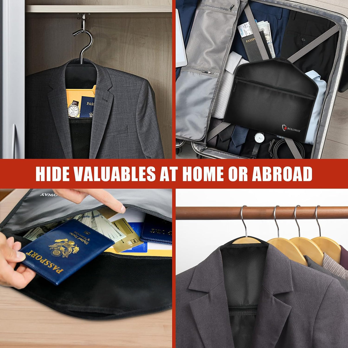 ROLOWAY Hanger Diversion Fireproof Safe, Hidden Compartment for Home & Travel, Secret Safe for Cash Hiding Under Clothes with Small Fireproof Bag