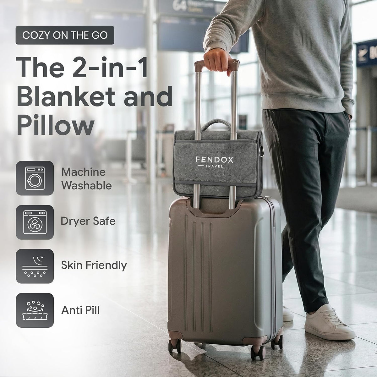 2-in-1 Travel Blanket and Pillow – Lightweight, Compact, Ultra Soft, Machine Washable – Handle, Luggage Sleeve, Backpack Clip – for Travel Airplane, Car, Office (Gray)