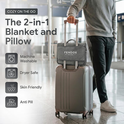 2-in-1 Travel Blanket and Pillow – Lightweight, Compact, Ultra Soft, Machine Washable – Handle, Luggage Sleeve, Backpack Clip – for Travel Airplane, Car, Office (Gray)