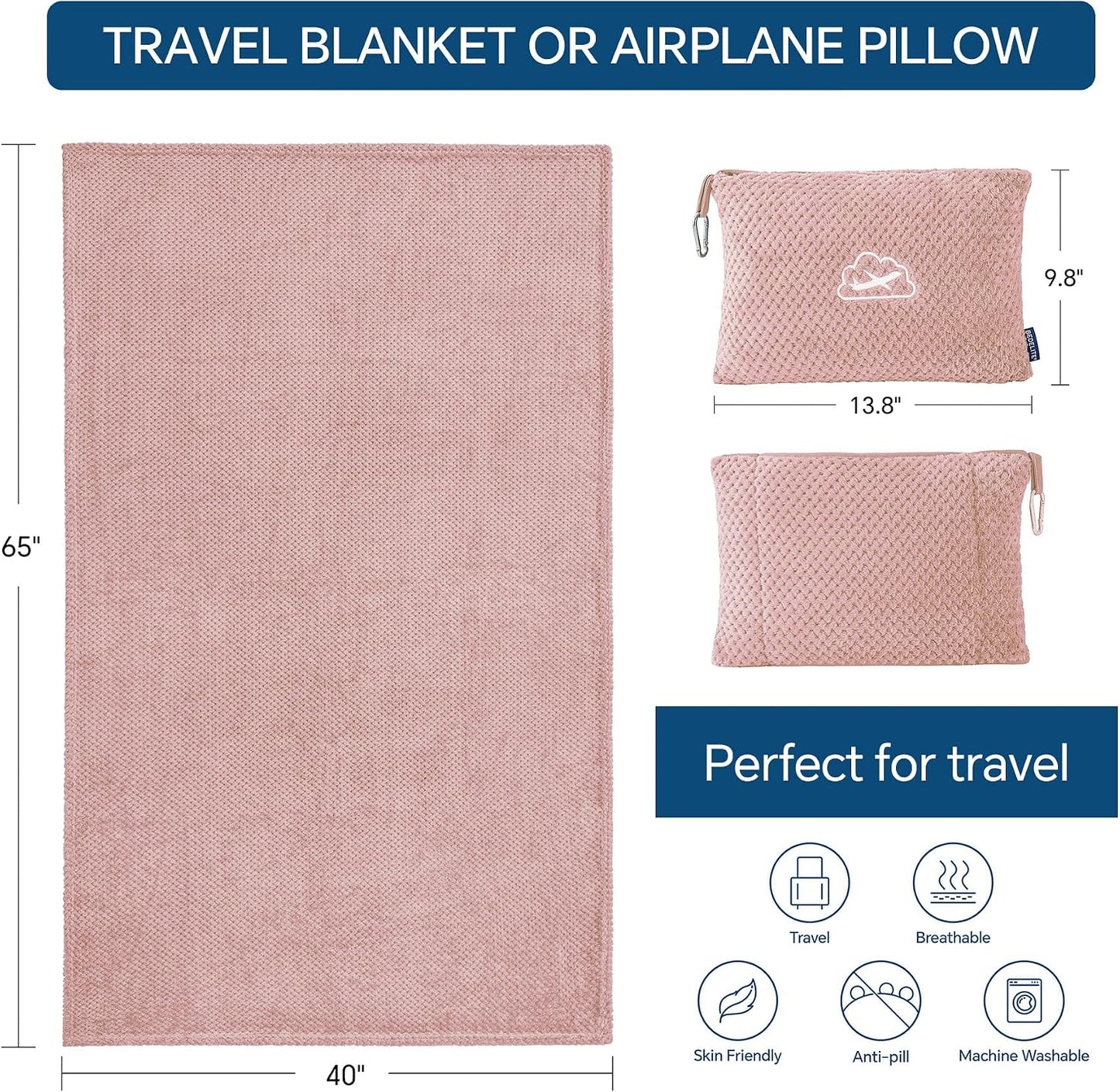 BEDELITE Travel Blanket with Bag, Jacquard Fleece Blanket 65"x40", Blue