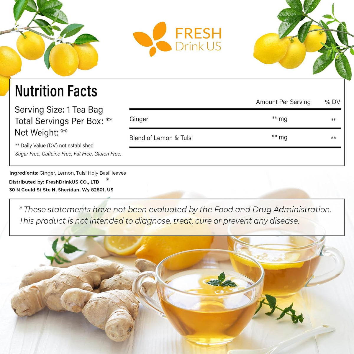 FreshDrinkUS, Premium 35 Tulsi Lemon Ginger Tea Bags, 100% Natural & Pure from Tulsi Holy Basil Leaves, Lemon and Ginger. Made with Natural Material Tea Bags. No Sugar, No Caffeine, Vegan.