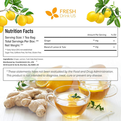 FreshDrinkUS, Premium 35 Tulsi Lemon Ginger Tea Bags, 100% Natural & Pure from Tulsi Holy Basil Leaves, Lemon and Ginger. Made with Natural Material Tea Bags. No Sugar, No Caffeine, Vegan.
