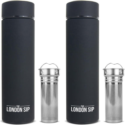 London Sip Multi-Purpose Tea Infuser Travel Mug and Tumbler Fruit Infuser Flask Hot and Cold Double Wall Stainless Steel Thermos with Extra-Long Infuser, Midnight Teal