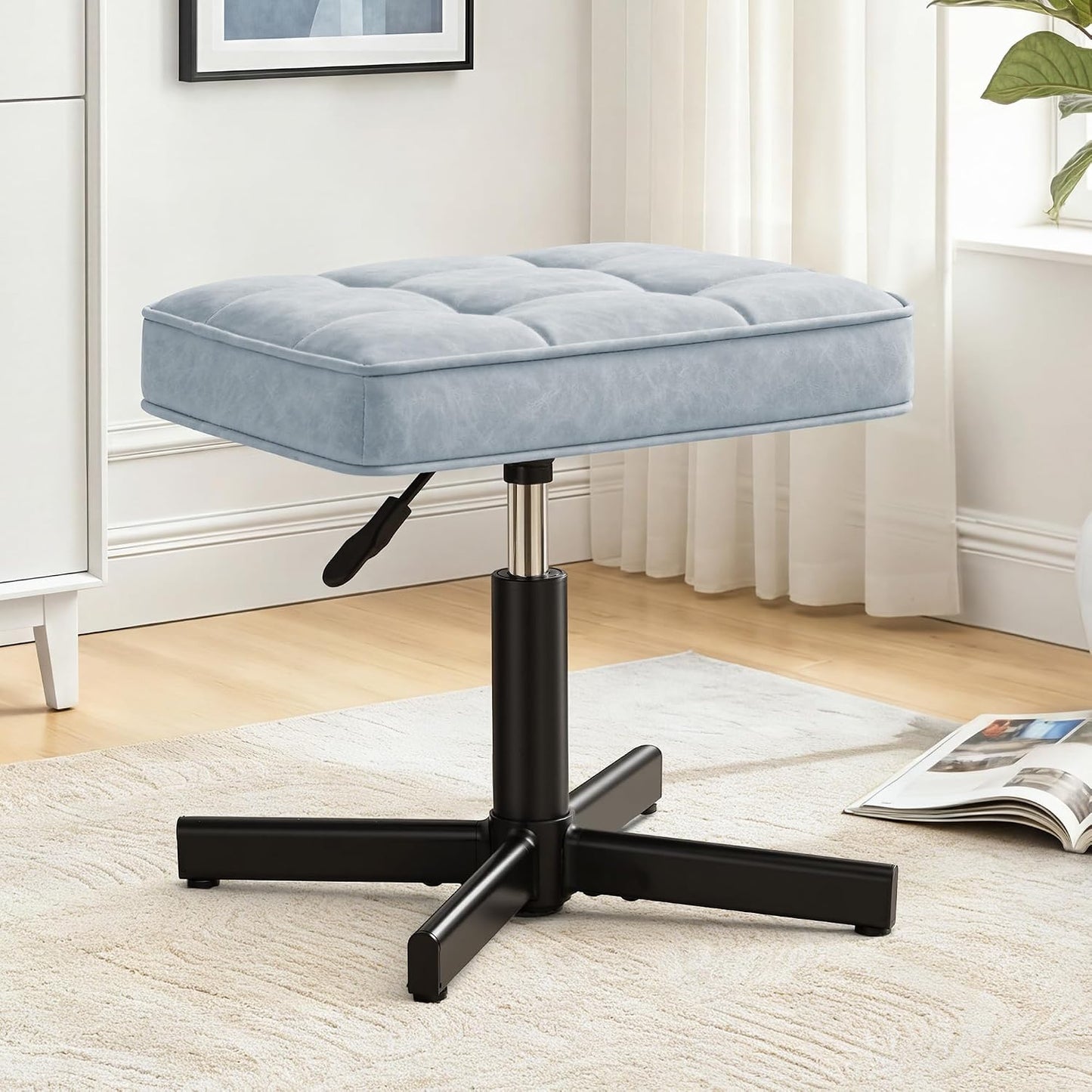 LUE BONA Adjustable Vanity Stool, Foot Rest Under Desk, 360° Swivel Vanity Chair for Makeup Room, Black Upholstered Faux Leather Ottoman for Bathroom & Living Room, 300lbs