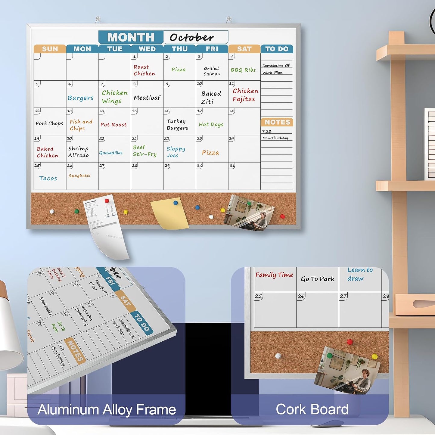 Monthly Calendar Dry Erase Board 16x12 Inch, Double-Sided Whiteboard and Corkboard Combo, Wall Mounted Planner Organizer with Markers, Magnets, Push Pins, Eraser, for Home Office School