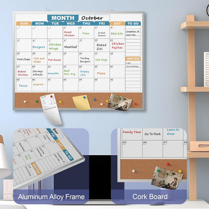 Monthly Calendar Dry Erase Board 16x12 Inch, Double-Sided Whiteboard and Corkboard Combo, Wall Mounted Planner Organizer with Markers, Magnets, Push Pins, Eraser, for Home Office School