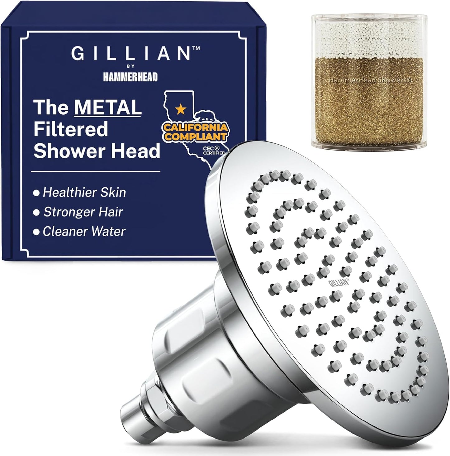 Gillian™ by HammerHead High Pressure Shower Head with Filter – Genuine KDF-55 Filtered Shower Head for Hard Water, Healthier Skin & Hair – Metal 6-Inch Rainfall Showerhead with Filters, Chrome