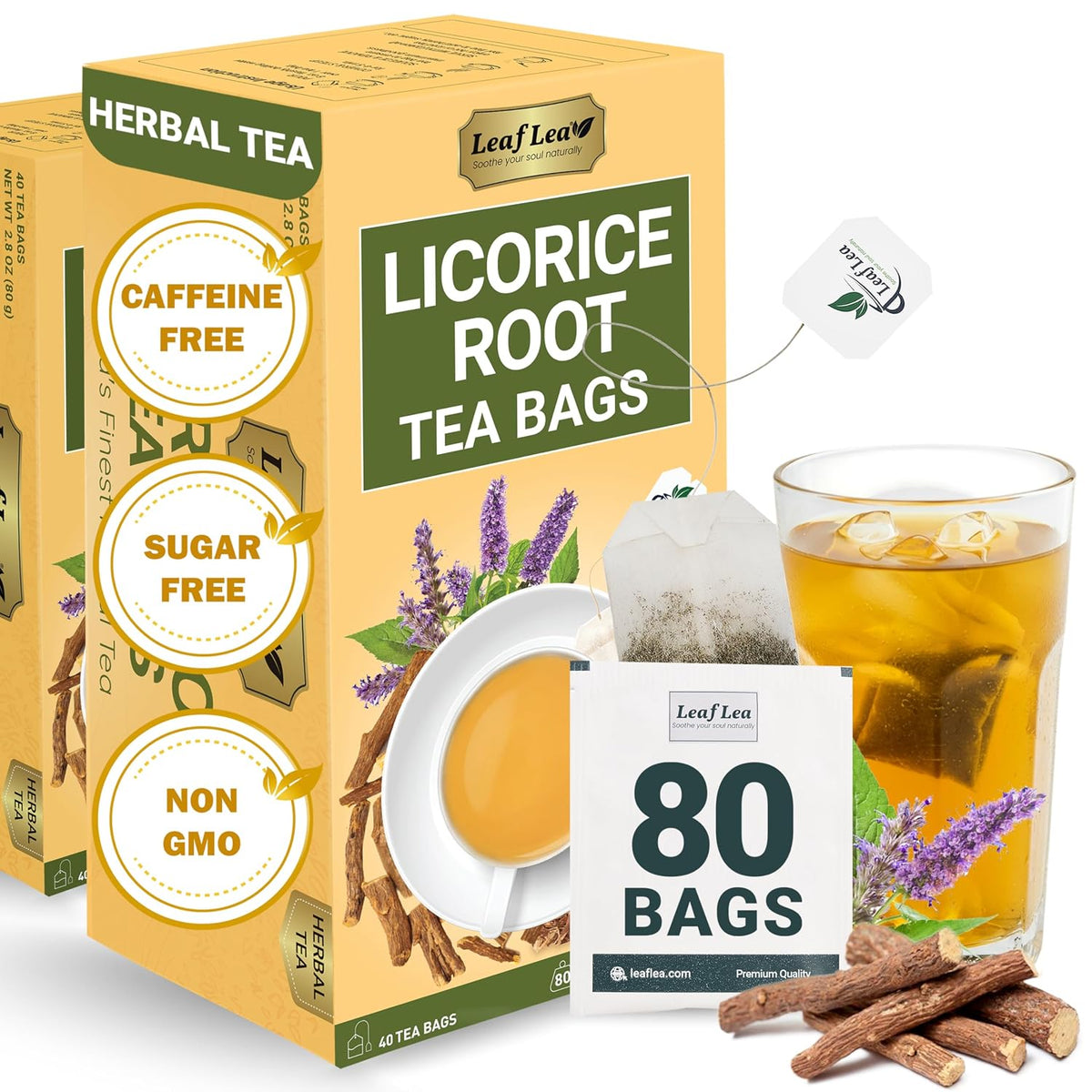 LeafLea Licorice Root Tea Bags, Caffeine-Free Liquorice Tea, 80 Count