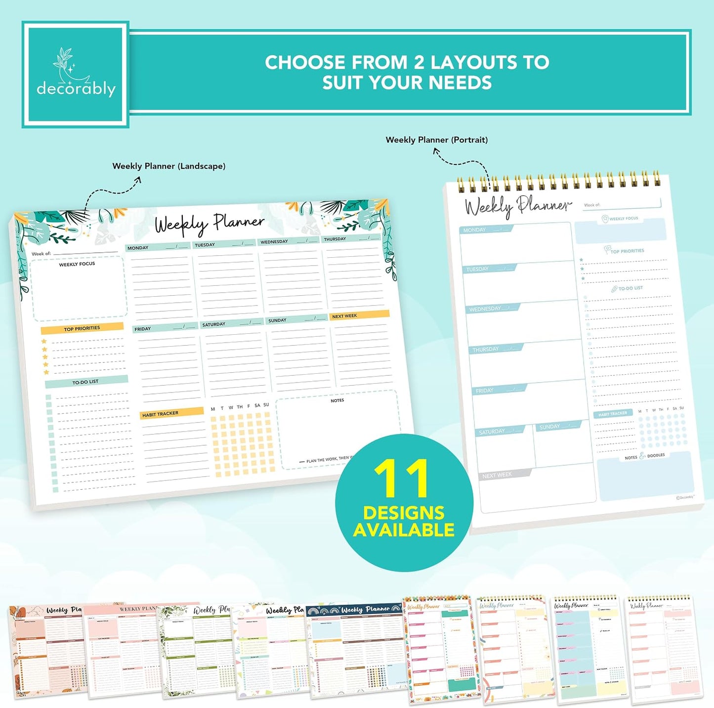Decorably 52 Sheets Blue Undated Weekly Planner Notepad - 6.5x10in Spring-Bound, Easy Tear-Off Design, with Focus, Priorities, to-do List, Habit Tracker & Notes - Home, School, Office