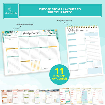 Decorably 52 Sheets Blue Undated Weekly Planner Notepad - 6.5x10in Spring-Bound, Easy Tear-Off Design, with Focus, Priorities, to-do List, Habit Tracker & Notes - Home, School, Office