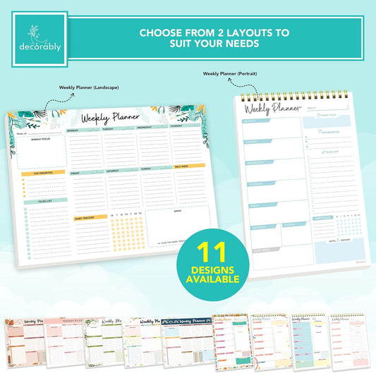 Decorably 52 Sheets Blue Undated Weekly Planner Notepad - 6.5x10in Spring-Bound, Easy Tear-Off Design, with Focus, Priorities, to-do List, Habit Tracker & Notes - Home, School, Office