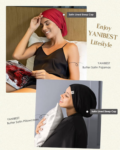 YANIBEST Hair Cover Bonnet Satin Sleep Cap - Adjustable Stay on Silk Lined Slouchy Beanie for Night Sleeping Surgical Hats Pure Black
