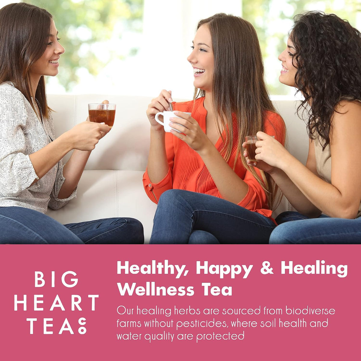 Big Heart Tea Co. Tea Bags - Blushing Pink Hibiscus - Certified Organic, Naturally Sweet Ayurvedic Herbal Decaf Tea with Small Batch Ground Herbs - Adaptogenic Tulsi and Lemongrass, 50 Pack
